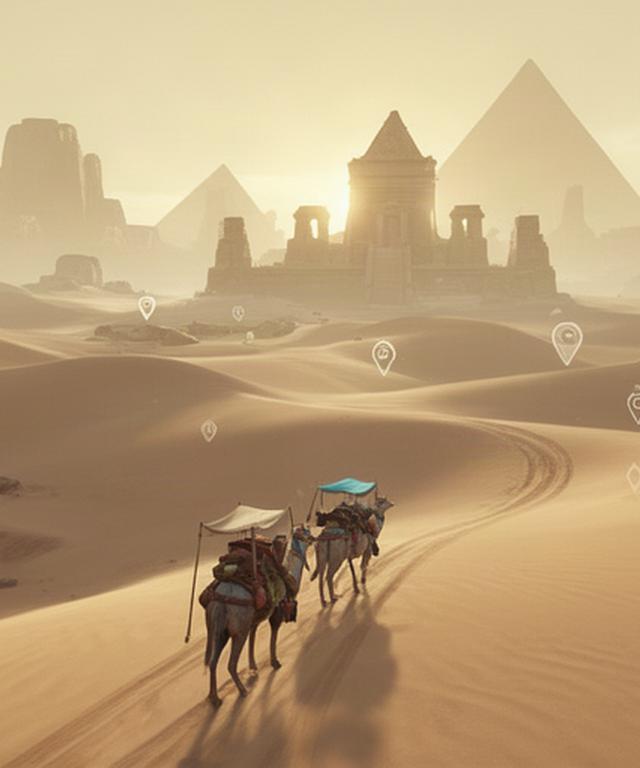 Schermata di spedizione in Desert Quest con carovana, dune e rovine lontane