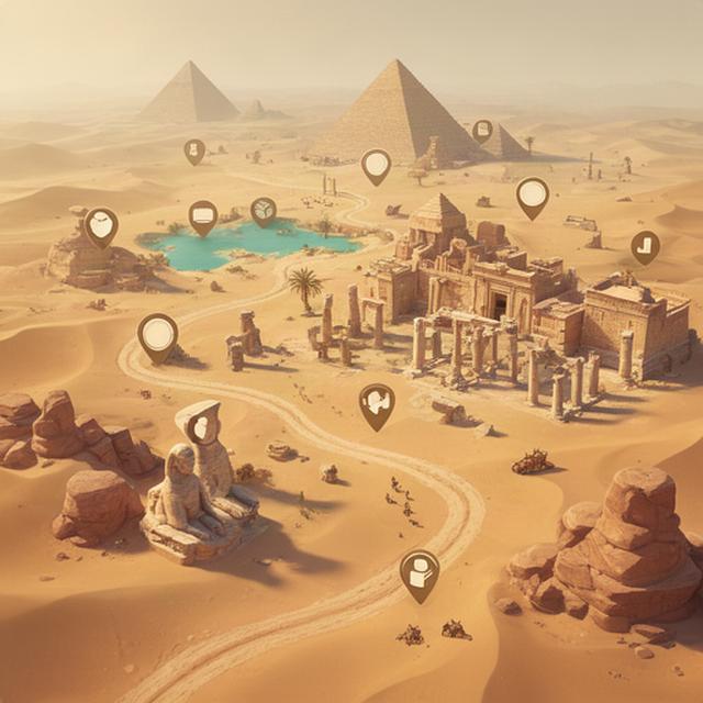 Mappa di un'avventura casual nel deserto con rovine, sentieri e icone di spedizione