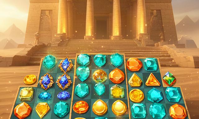 Tavola match-3 con gemme turchesi e oro davanti a un tempio egizio
