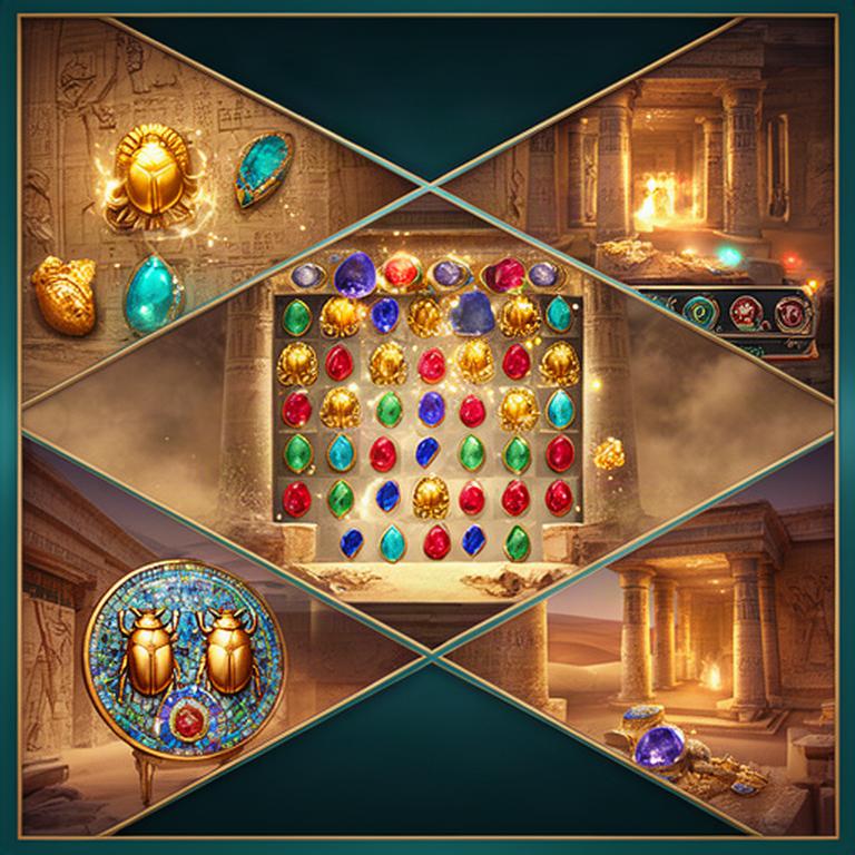 Composizione di schermate di Pharaoh's Jewels con tabellone match-3, reliquie e rovine illuminate