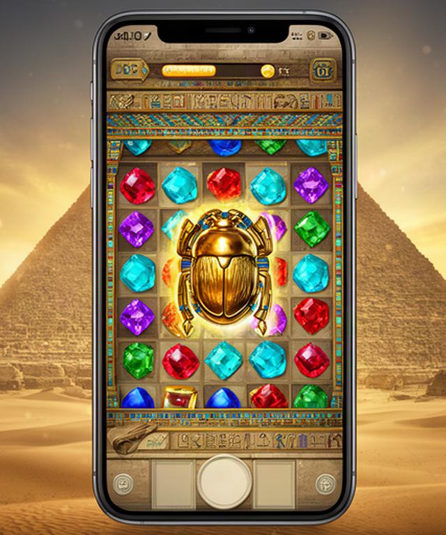 Schermata di un gioco match-3 con gemme colorate, scarabeo dorato e piramide sullo sfondo
