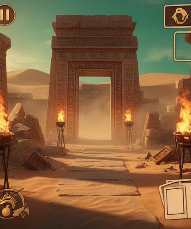 Interfaccia di avventura tra rovine desertiche con obiettivi, torce e portale di pietra