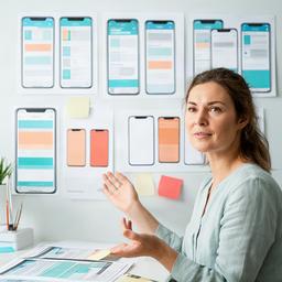 Ediht Ariosti, UX designer davanti a prototipi di schermate per app store